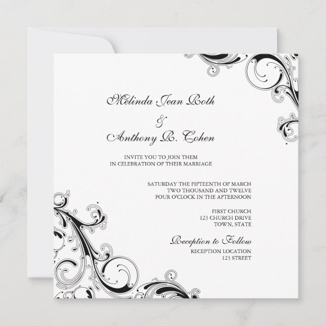 Invitation Filigree Swirl Blanc avec Mariage Carré noir (Devant)