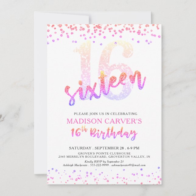 Invitation Fille 16e anniversaire rose violet Parties scintil (Devant)