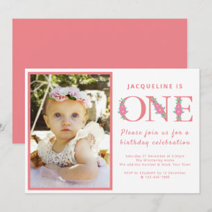 Invitation Fille 1er anniversaire fête photo rose