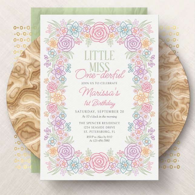 Invitation Fille 1er Anniversaire Miss Un derful Floral (Créateur téléchargé)