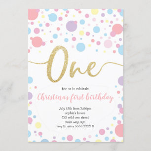 Invitation Fille 1er Anniversaire Pastel Rainbow Dots Confett