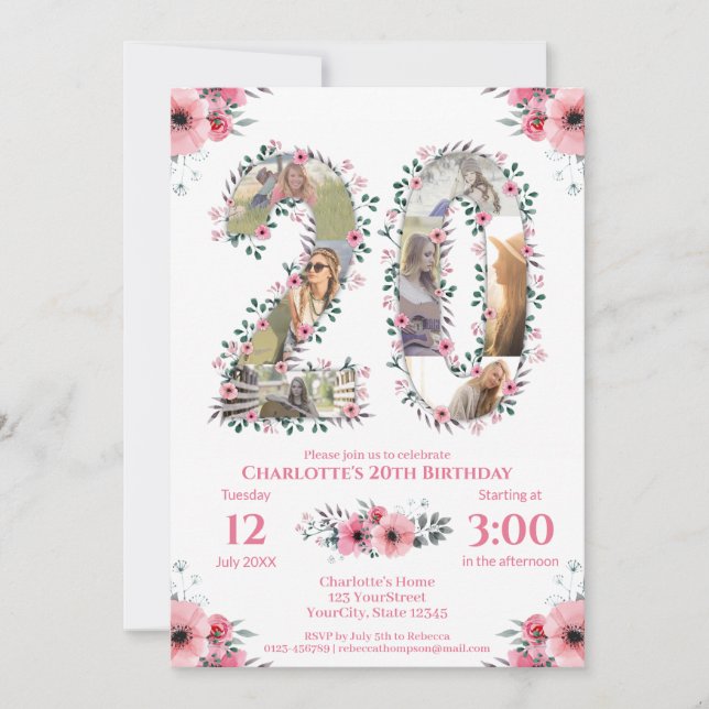 Invitation Fille 20e anniversaire Photo Collage Rose Fleur Bl (Devant)