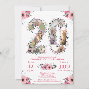 Invitation Fille 20e anniversaire Photo Collage Rose Fleur Bl