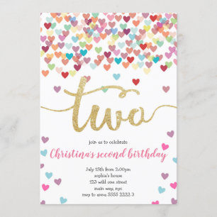 Invitation Fille 2 Anniversaire Coeurs Confetti Parties scint
