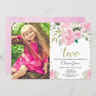 Invitation Fille 2e anniversaire blush or rose floral élégant