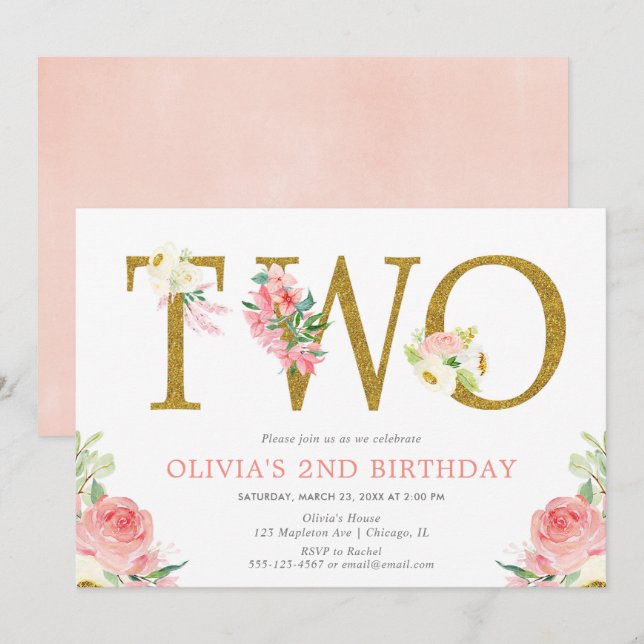 Invitation Fille 2e anniversaire rose et or floral (Devant / Derrière)