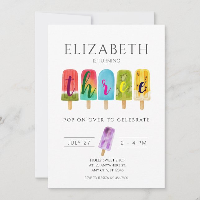 Invitation Fille 3ème Anniversaire Été popsicle Crème de glac (Devant)