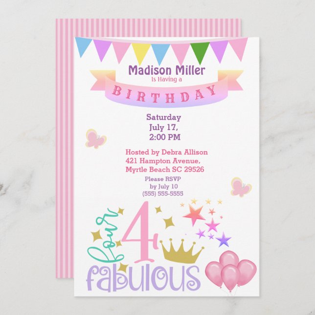 Invitation Fille 4 et fête d'anniversaire fabuleuse (Devant / Derrière)