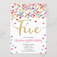 Fille 5e Anniversaire Coeurs Confetti Rainbow Part
