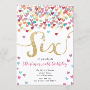 Invitation Fille 6e Anniversaire Coeurs Confetti Rainbow Part