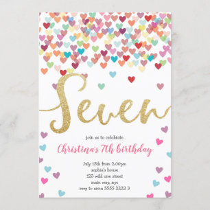 Invitation Fille 7e anniversaire Coeurs Confetti Parties scin