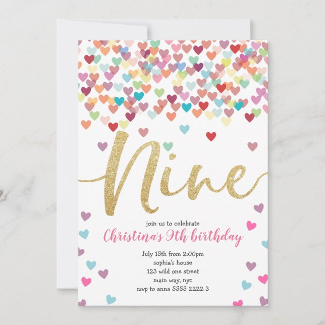 Invitation Fille 9e Anniversaire Coeurs Confetti Parties scin (Devant)