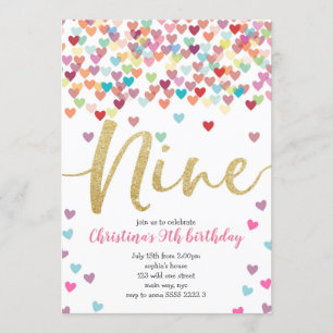 Invitation Fille 9e Anniversaire Coeurs Confetti Parties scin