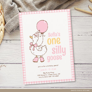 Invitation Fille à carreaux rose Une oie idiote 1er anniversa