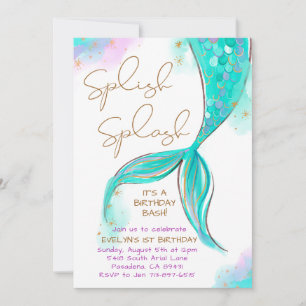 Invitation Fille à éclaboussures de sirène turquoise Annivers