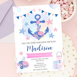Invitation Fille à l'ancre Navy Rose Nautique 1er Anniversair
