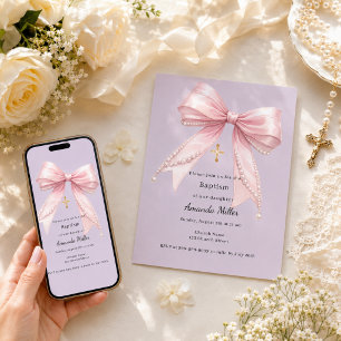 Invitation Fille à l'arc rose perles lavande Baptême