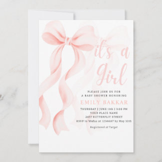 Invitation Fille à ruban rose aquarelle boho moderne baby sho