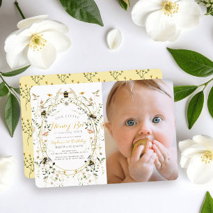 Invitation Fille abeille sauvage fleur photo 1er anniversaire