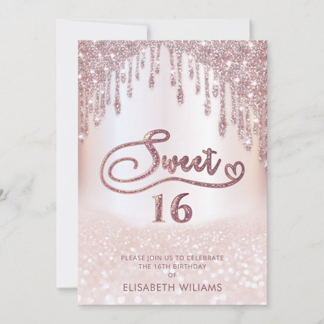 Invitation Fille adorable rose or glittery gouttes d'ombre (Devant)