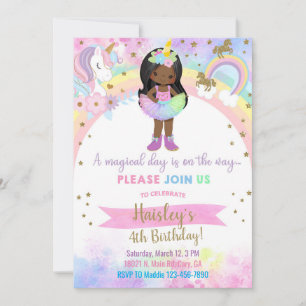 Invitation Fille afro-américaine licorne anniversaire magique