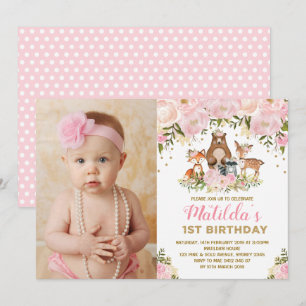 Invitation Fille Animaux Bois 1er Anniversaire Rose Floral