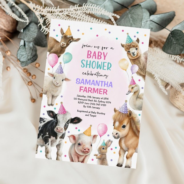 Invitation Fille Animaux de ferme Ballons Baby shower Barnyar (Créateur téléchargé)