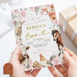 Invitation Fille Animaux de Ferme Rose Pâle Anniversaire Tout