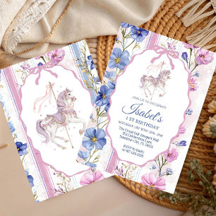 Invitation Fille anniversaire aquarelle carrousel floral past