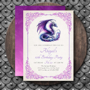Invitation Fille anniversaire fantasy dragon violet rose