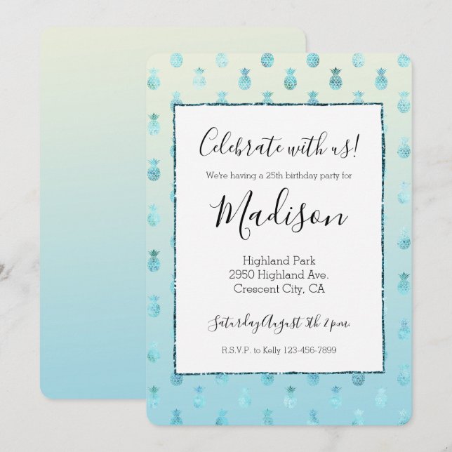 Invitation Fille Aqua Glam Ombre ananas tropiques (Devant / Derrière)