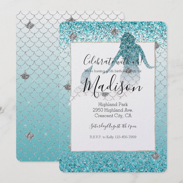 Invitation Fille Aqua Parties scintillant Argent Ombre Sparkl (Devant / Derrière)