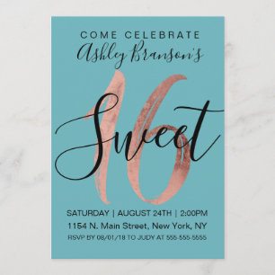 Invitation Fille Aquamarine Rose Gold Foil Sweet 16
