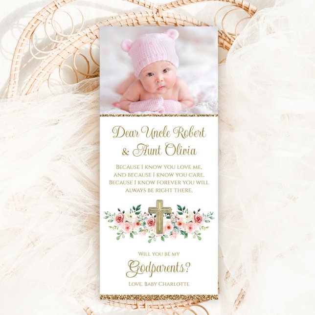 Invitation Fille aquarelle Floral Cross Parrain (Pretty pink and gold photo Godparent invitation with watercolor flowers and cross.)