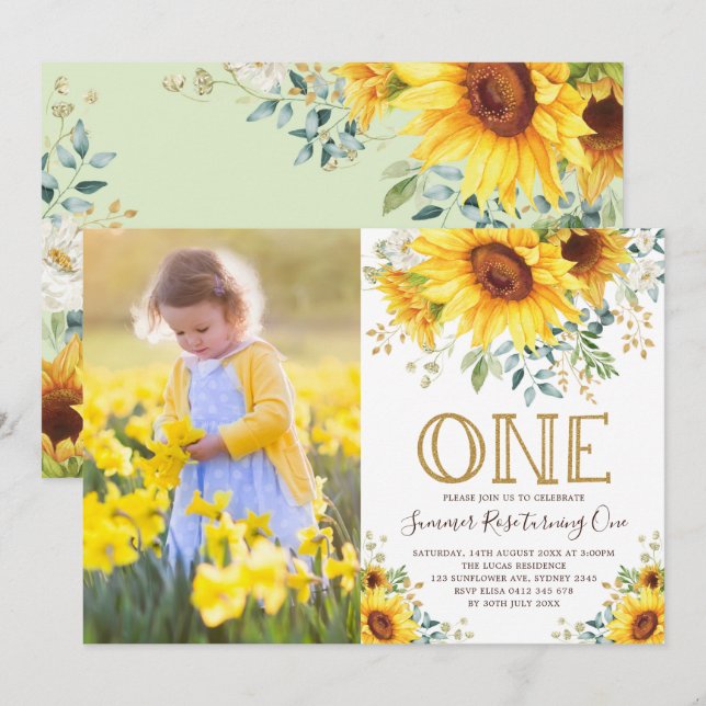 Invitation Fille Aquarelle Tournesol 1er Anniversaire Photo (Devant / Derrière)