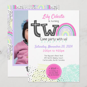 Invitation Fille Arc-en-Ciel Bébé 2e Anniversaire Kawaii Grib
