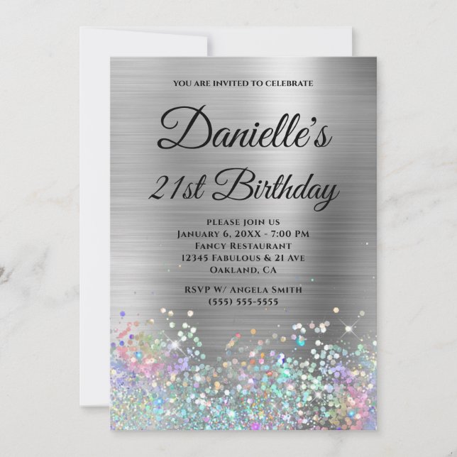 Invitation Fille Argent Holo Parties scintillant Fancy Monogr (Devant)