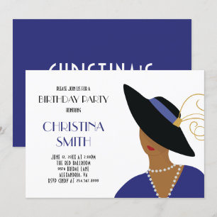 Invitation Fille Art Déco en Casquette noir fête d'anniversai