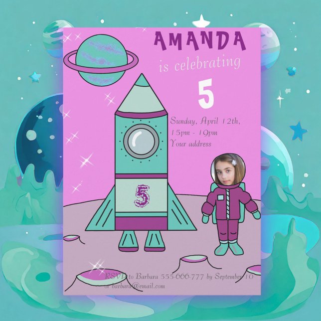 Invitation Fille astronaute fête d'anniversaire Insérez votre (Créateur téléchargé)