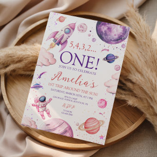 Invitation Fille Astronaute Rose Violet Espace Premier Annive