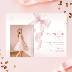 Invitation Fille au flocon de neige avec noeud rose hivernal 