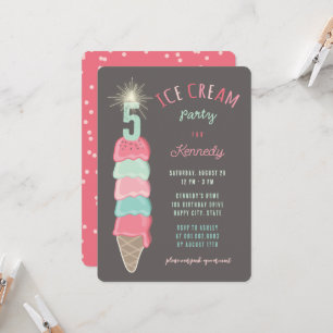Invitation Fille au gâteau d'anniversaire 5 ans glace menthe 
