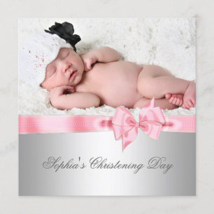 Invitation Fille au noeud papillon en damas rose argenté Phot