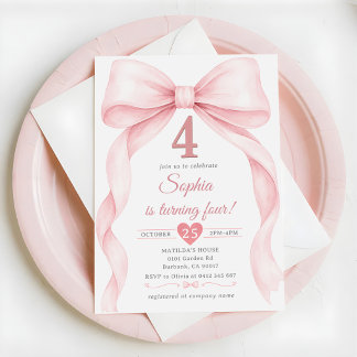 Invitation Fille au noeud rose 4ème anniversaire