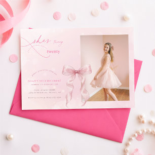 Invitation Fille au Nœud Rose Fard 20ème Fête d'Anniversaire
