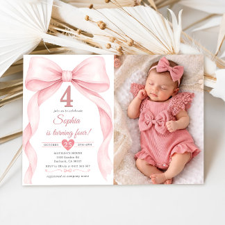 Invitation Fille au nœud rose Photo d'anniversaire quatre ans