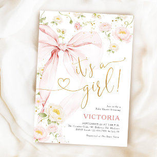 Invitation Fille au ruban rose Baby Shower Floral