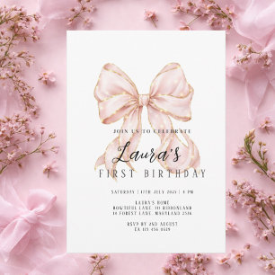 Invitation Fille au Ruban Rose Premier Anniversaire