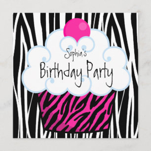 Invitation Fille au Zèbre Rose Chaud Cupcake Fête d'Anniversa