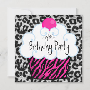 Invitation Fille au Zèbre Rose Chaud Gâteau d'Anniversaire Cu